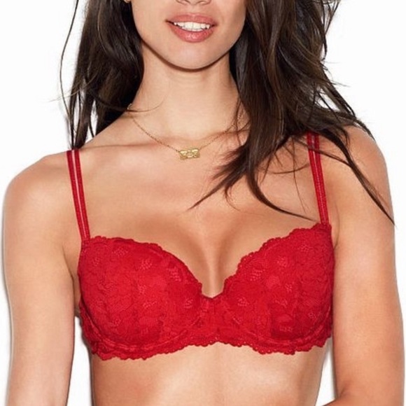 Pink Victoria’s Secret red lace date demi underwire push up bra balconette - Picture 1 of 6